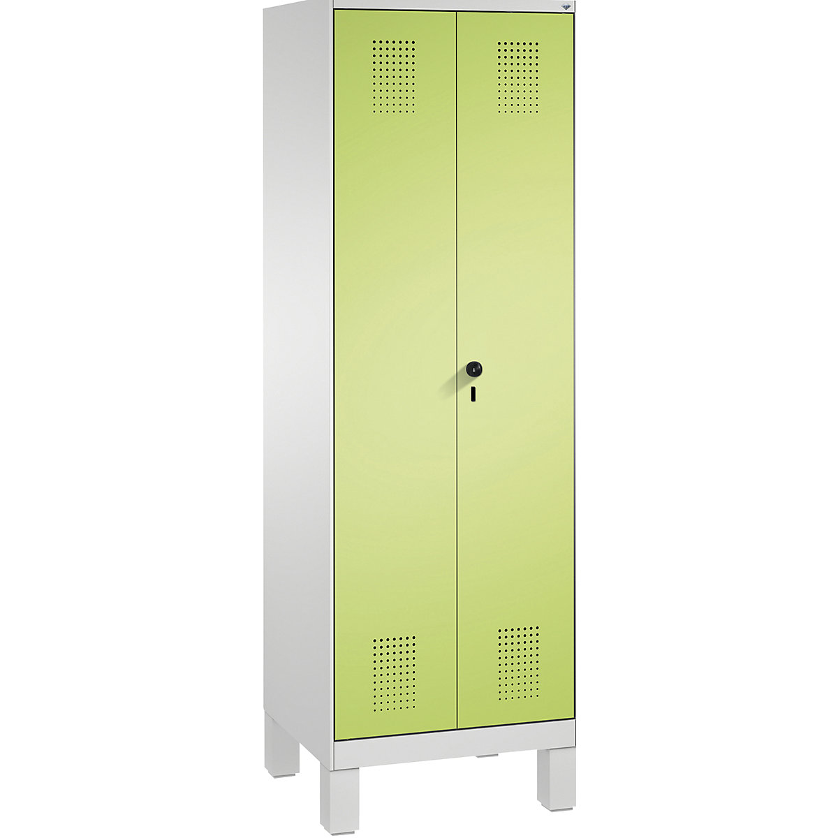 EVOLO takarítószer-/készüléktároló szekrény – C+P, rövidített válaszfal, 6 akasztó, rekeszek 2 x 300 mm, lábakkal, világosszürke / viridinzöld-9