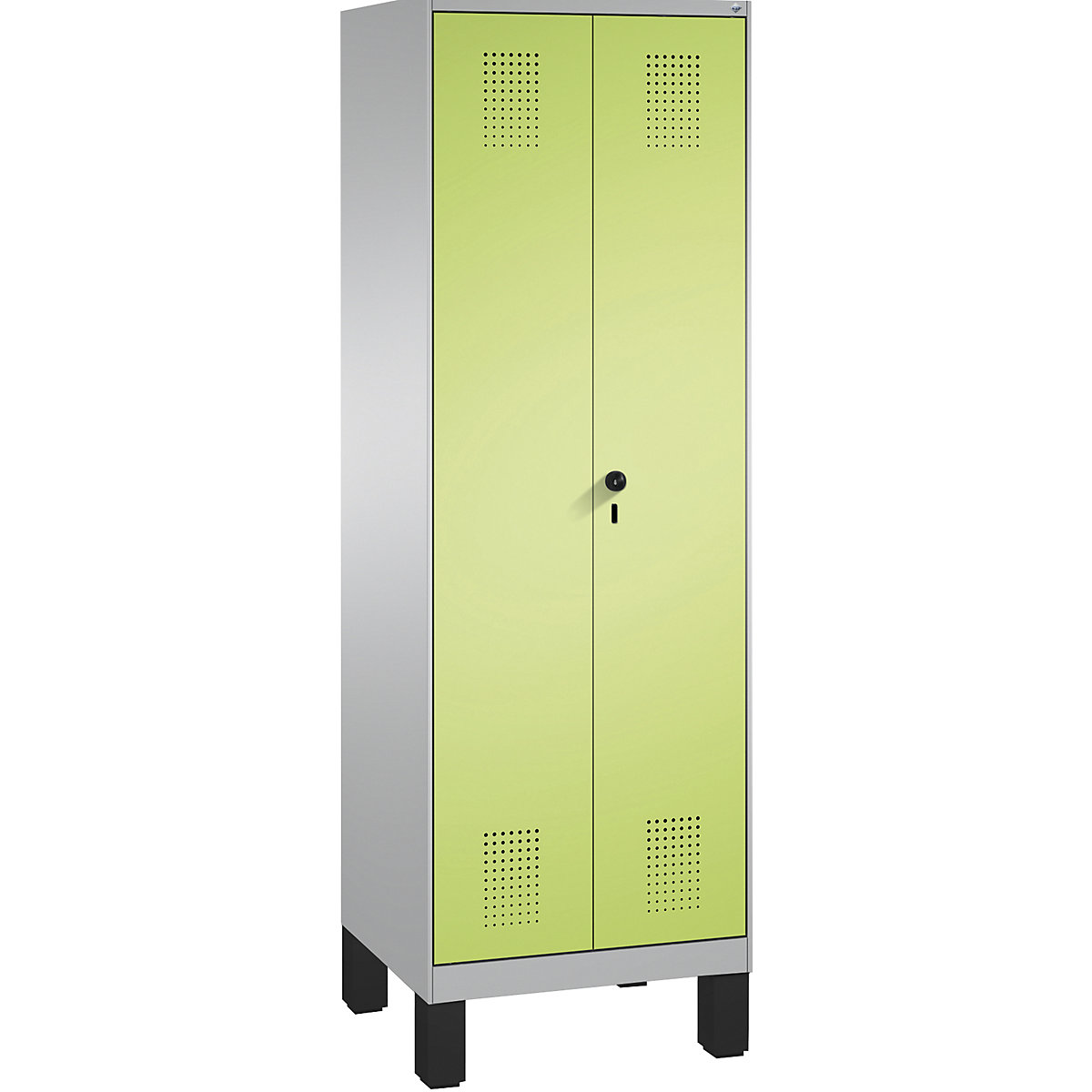 EVOLO takarítószer-/készüléktároló szekrény – C+P, rövidített válaszfal, 6 akasztó, rekeszek 2 x 300 mm, lábakkal, fehéralumínium / viridinzöld-5