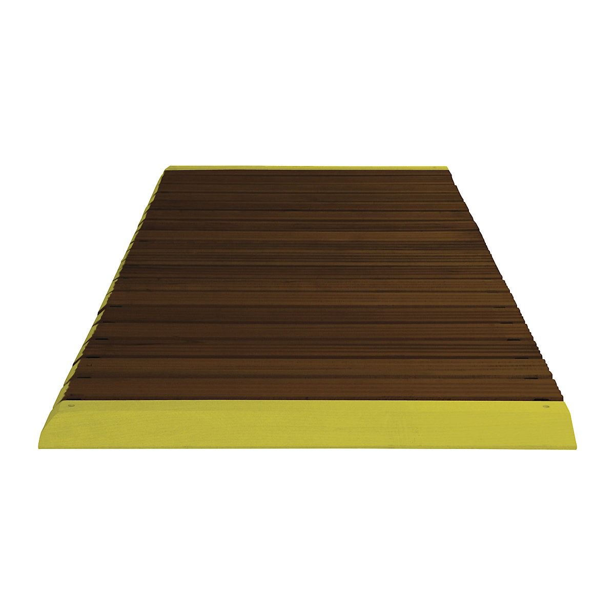 Pasarela de madera con barnizado oscuro, por metro lineal, con biselado, incl. bordes de acceso amarillos, anchura 800 mm