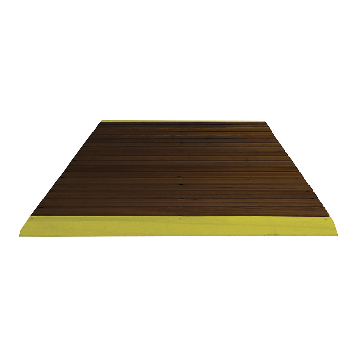 Pasarela de madera con barnizado oscuro, por metro lineal, con biselado, incl. bordes de acceso amarillos, anchura 1200 mm