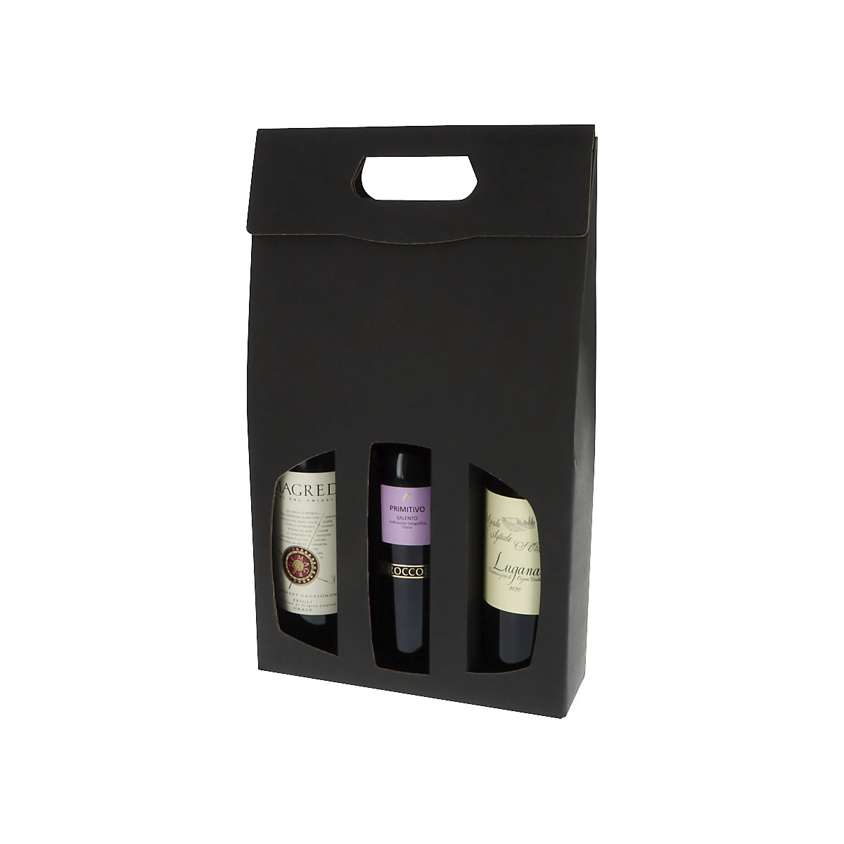 Flaschen-Geschenktragekarton mit Fenster, Innen-LxBxH 365 x 270 x 90 mm, schwarz, ab 8 Stk