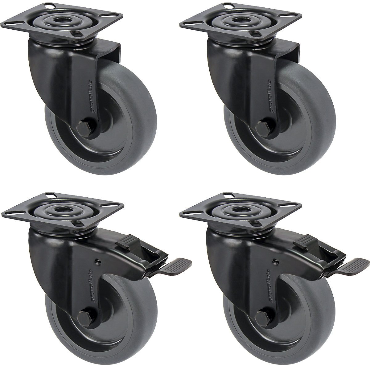 Black rubber tyre, thermoplastic, with mounting plate, offered as a set - Proroll