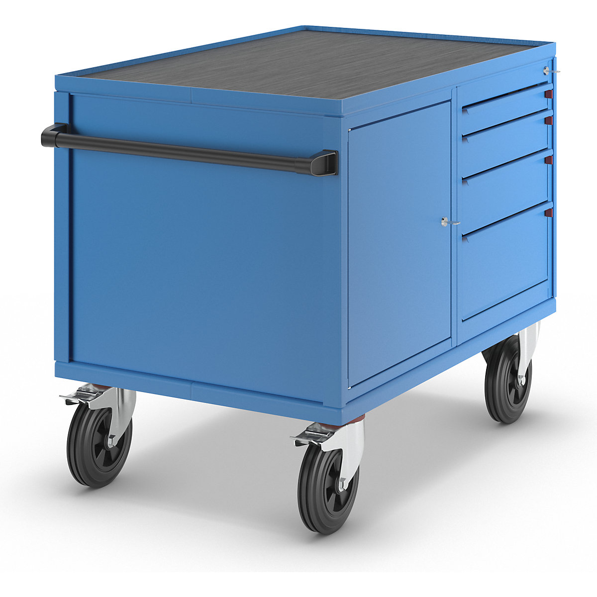 Assembly trolley, max. load 500 kg – eurokraft pro, 1 cupboard, 4 drawers, light blue RAL 5012-9