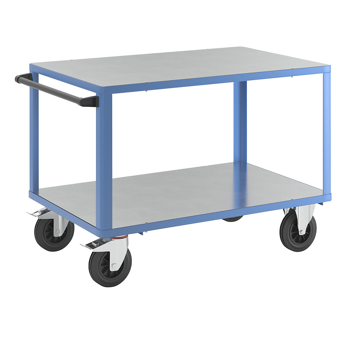 Assembly trolley – eurokraft pro, 2 shelves with zinc plated sheet steel covering, shelf 1250 x 800 mm, light blue frame-10