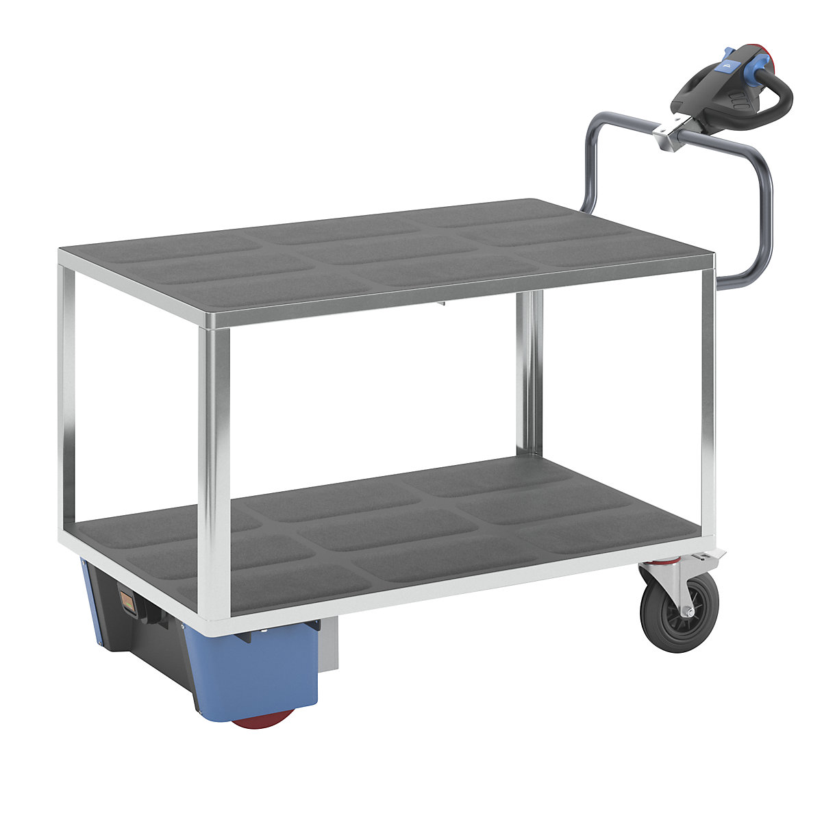 Assembly trolley with electric drive – eurokraft pro, 2 shelves made of plastic, LxWxH 1670 x 800 x 1300 mm, zinc plated-19