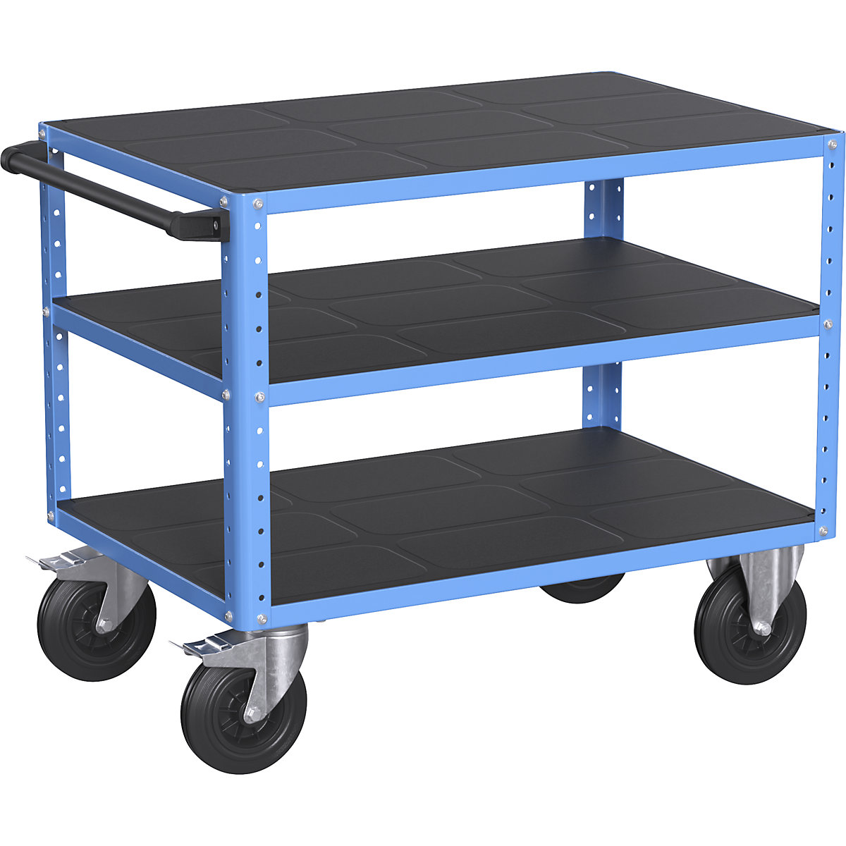 CustomLine assembly trolley – eurokraft pro, 3 shelves, light blue, solid rubber tyres-3