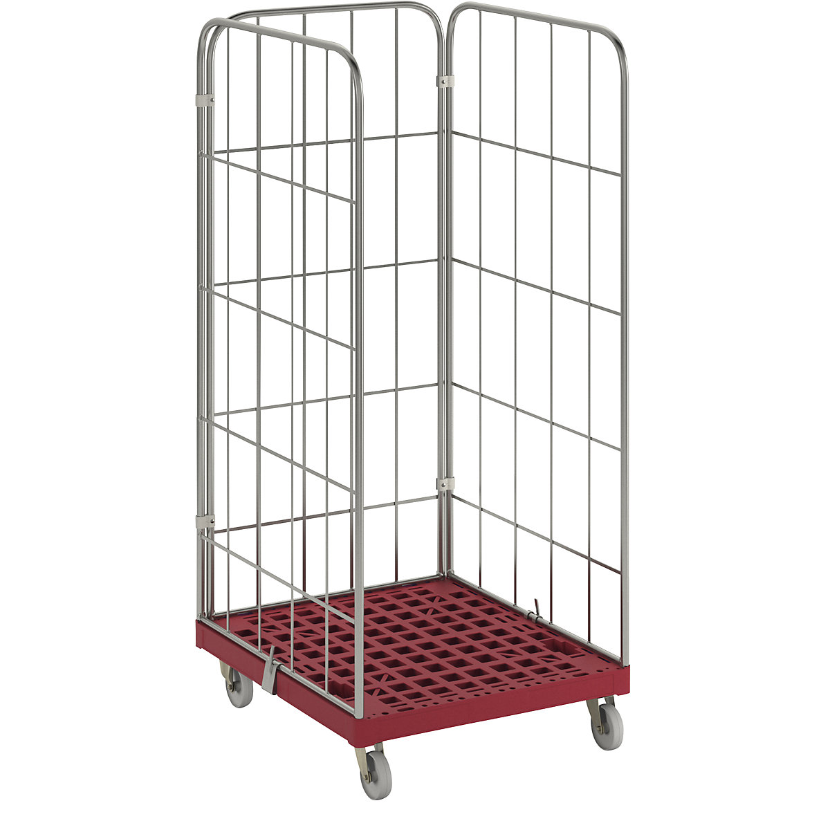 MODULAR roll container, plastic transport dolly, mesh on 3 sides, red dolly-13