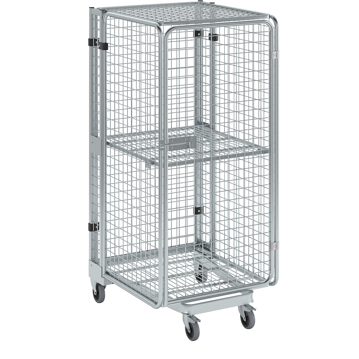 Roll container, theft proof, 5-sided, with mesh shelf and shelf, without rain protection-1