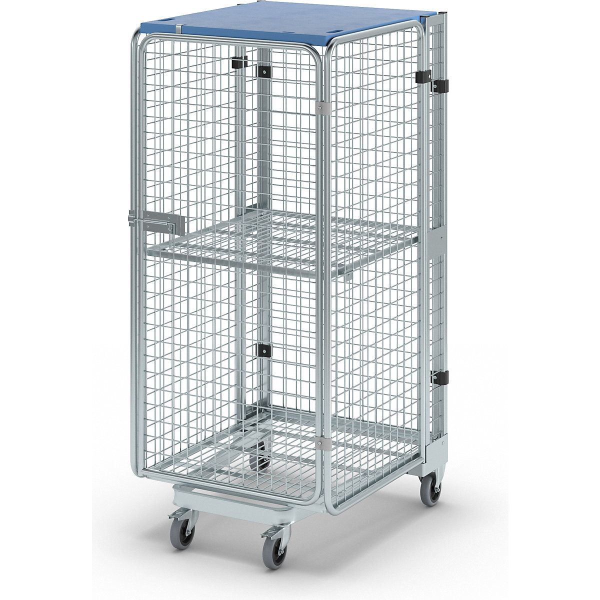 Roll container, theft proof, 5-sided, with mesh shelf and shelf, with rain protection-1