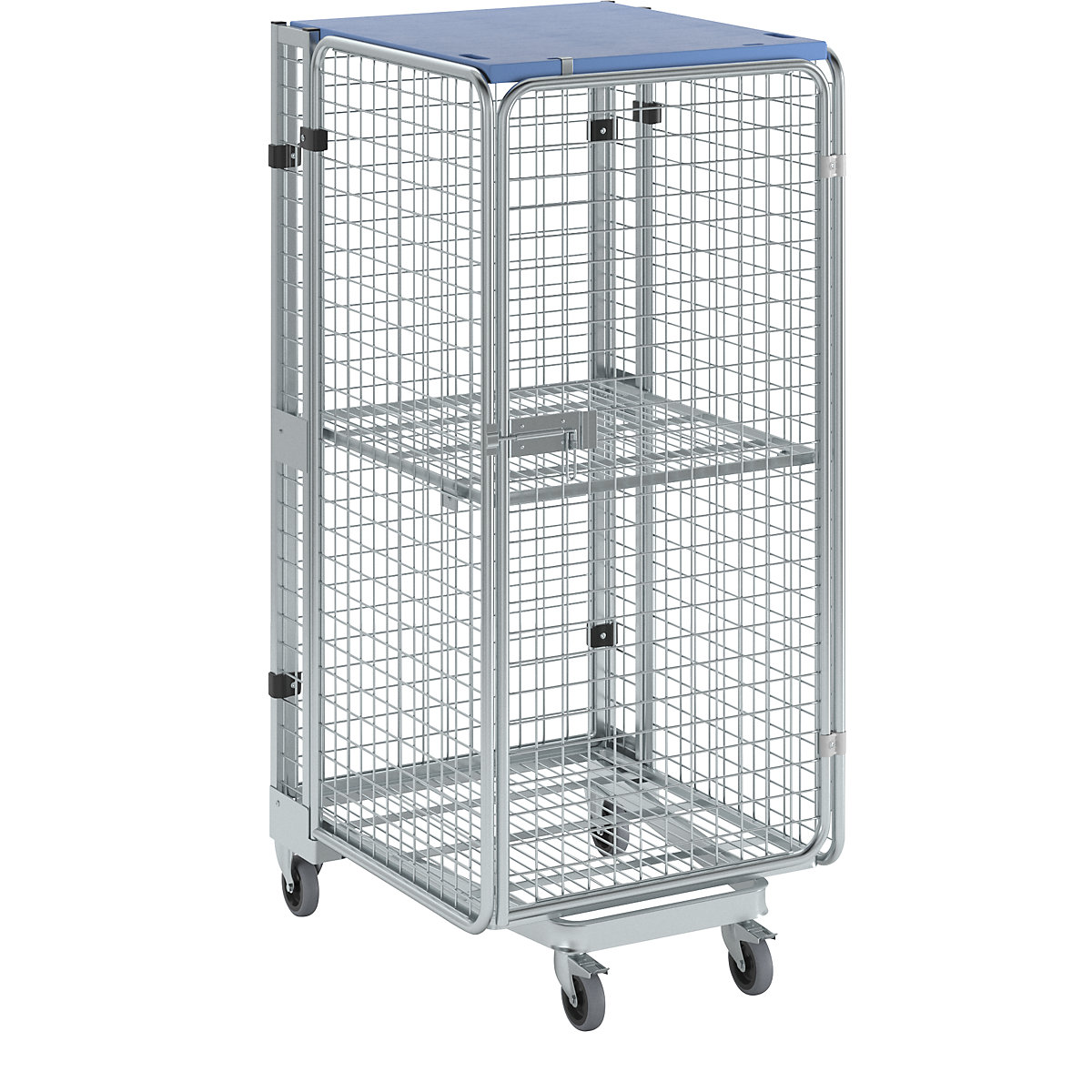 Roll container, theft proof, 5-sided, with mesh shelf and shelf, with rain protection-3