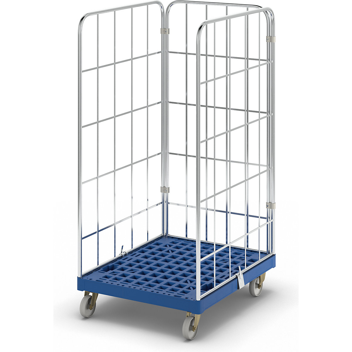 Roll container with plastic dolly, 3-sided, WxD 682 x 815 mm, effective height 1460 mm-1
