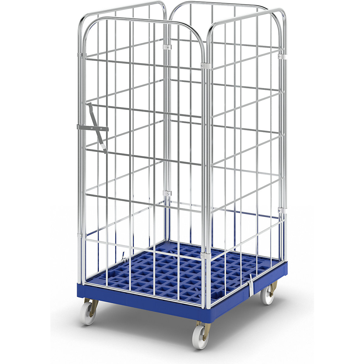 Roll container with plastic dolly, 4 sided, WxD 724 x 815 mm, single piece front panel, effective height 1460 mm-1