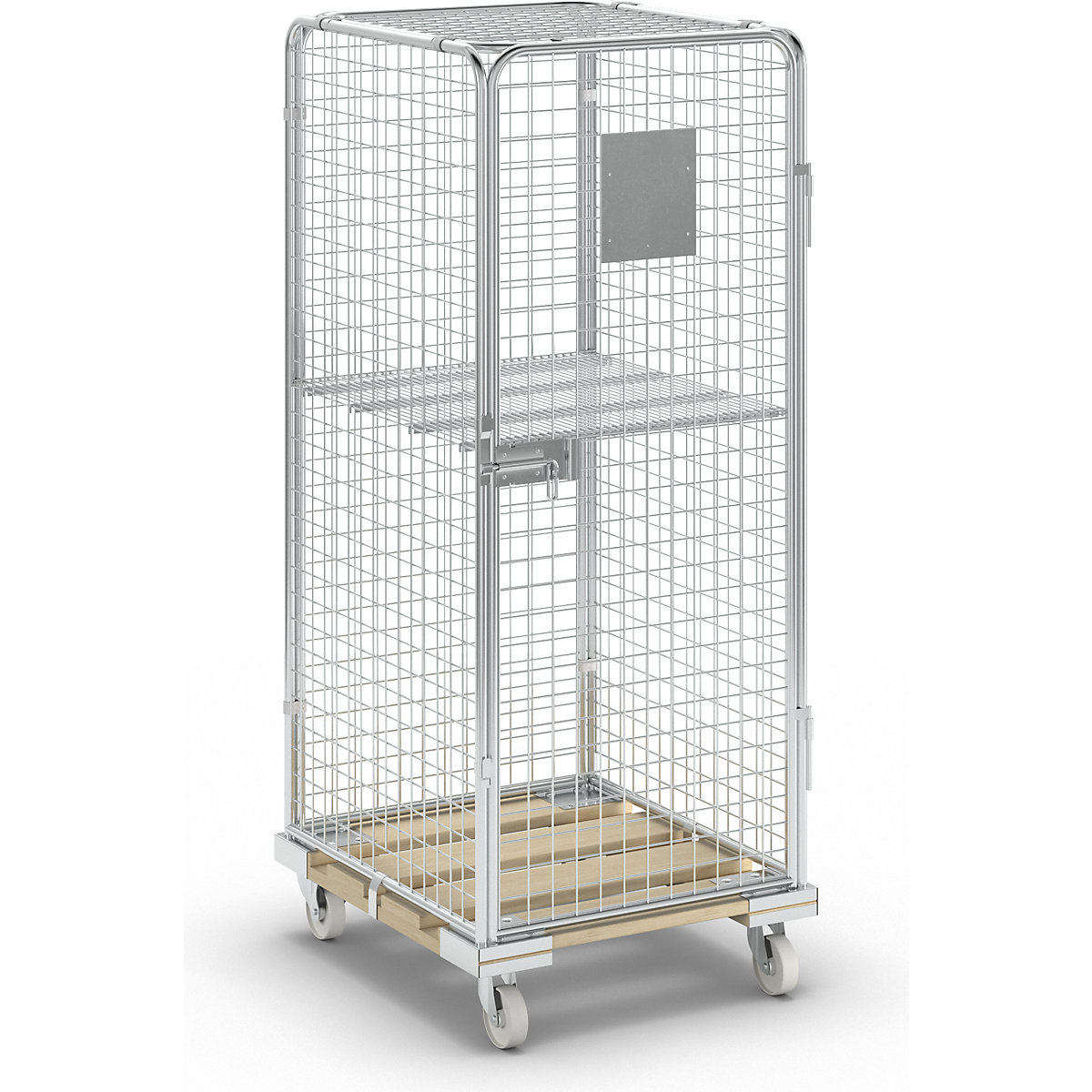 Security roll container with wooden dolly, effective height 1585 mm, with 1 door, 1 wire mesh intermediate shelf-13