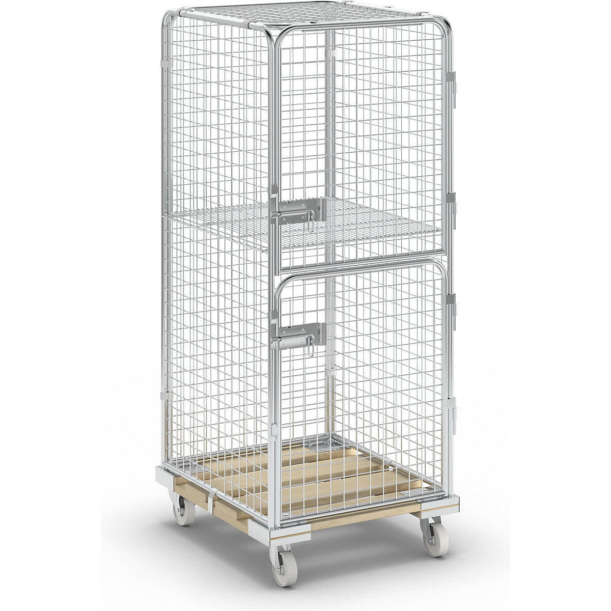 Security roll container with wooden dolly, effective height 1585 mm, with 2 doors, 1 wire mesh intermediate shelf-12
