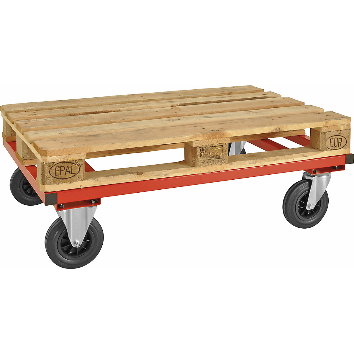 KM217 pallet dolly – Kongamek, LxWxH 1200 x 1000 x 305 mm, red, 2 swivel castors with stops, 2 fixed castors, 5+ items-19