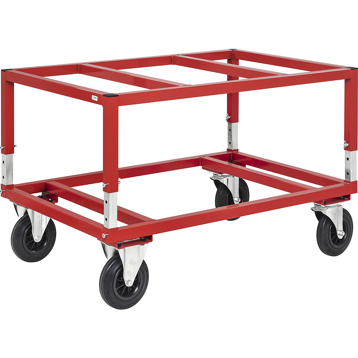 KM222 pallet dolly – Kongamek, LxWxH 1200 x 1000 x 655 – 830 mm, red, 2 swivel castors with stops, 2 fixed castors, 5+ items-2