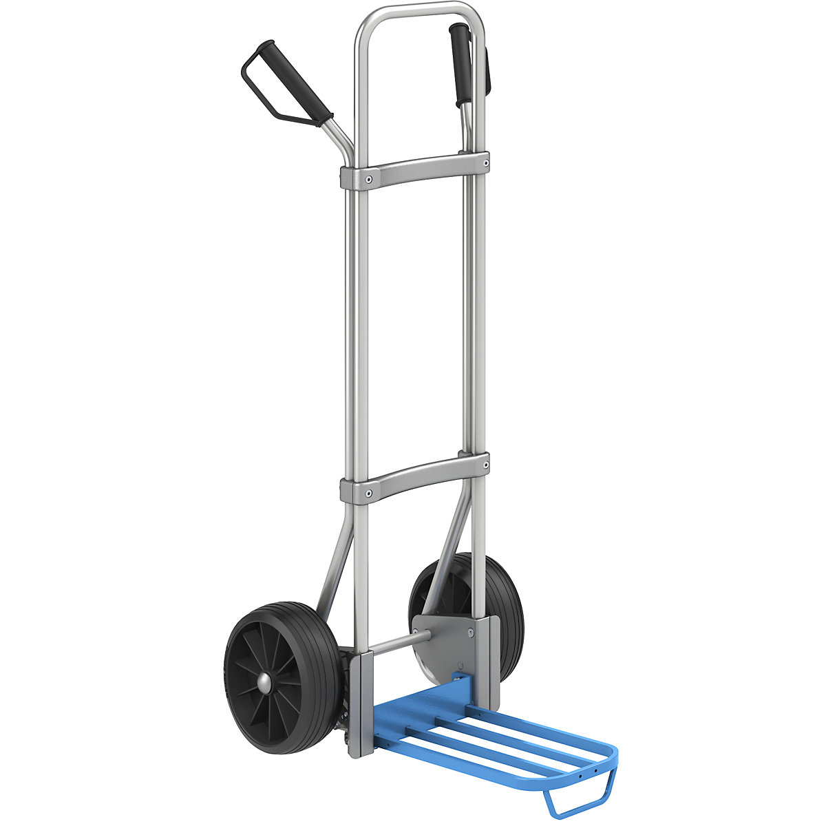 Aluminium sack truck – eurokraft pro, parcel footplate WxD 430 x 250 mm, blue, with handle, solid rubber tyres-3