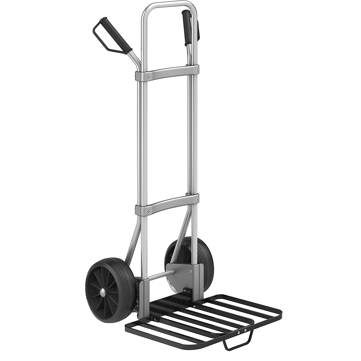 Aluminium sack truck – eurokraft pro, parcel footplate WxD 430 x 450 mm, black, with handle, solid rubber tyres, 2+ items-2