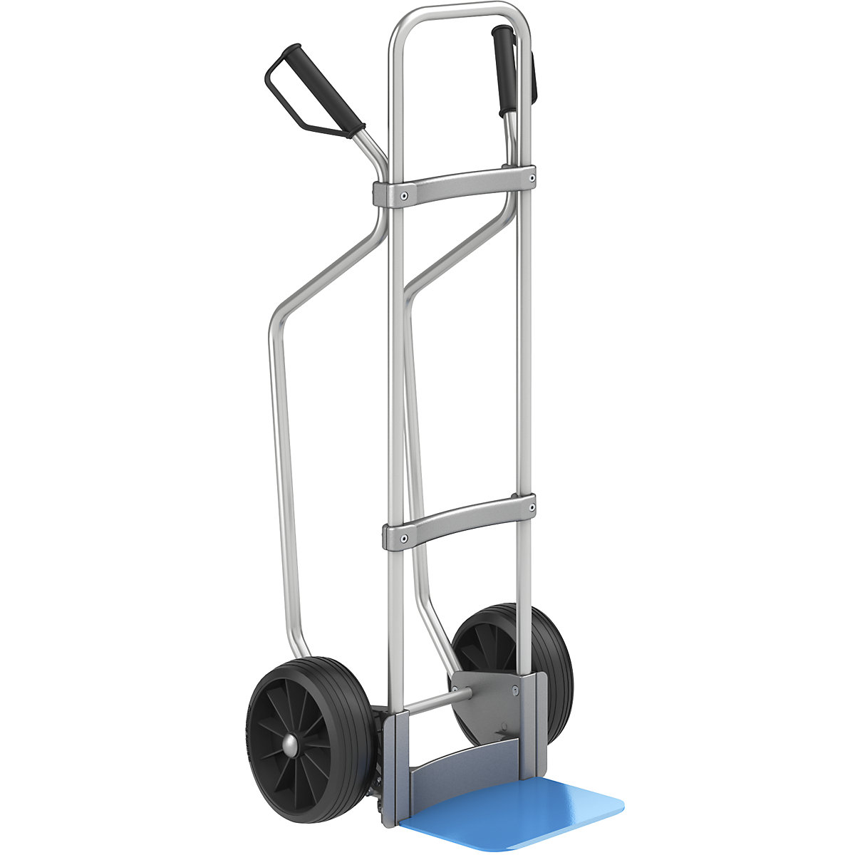 Aluminium sack truck with runners – eurokraft pro, footplate WxD 280 x 250 mm, blue, solid rubber tyres, 5+ items-2