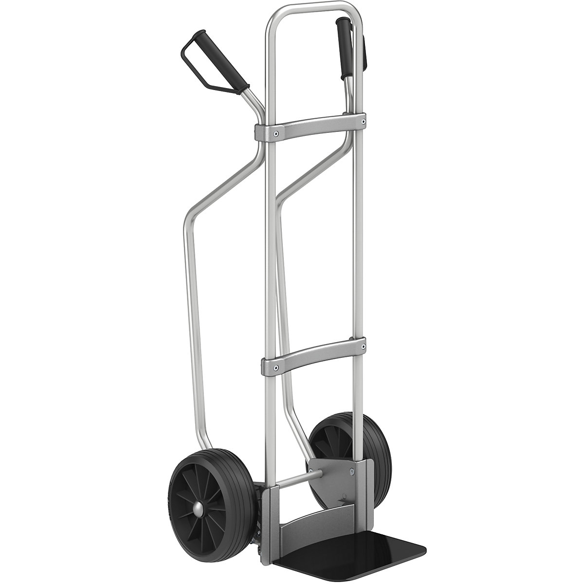 Aluminium sack truck with runners – eurokraft pro, footplate WxD 280 x 250 mm, black, solid rubber tyres-1