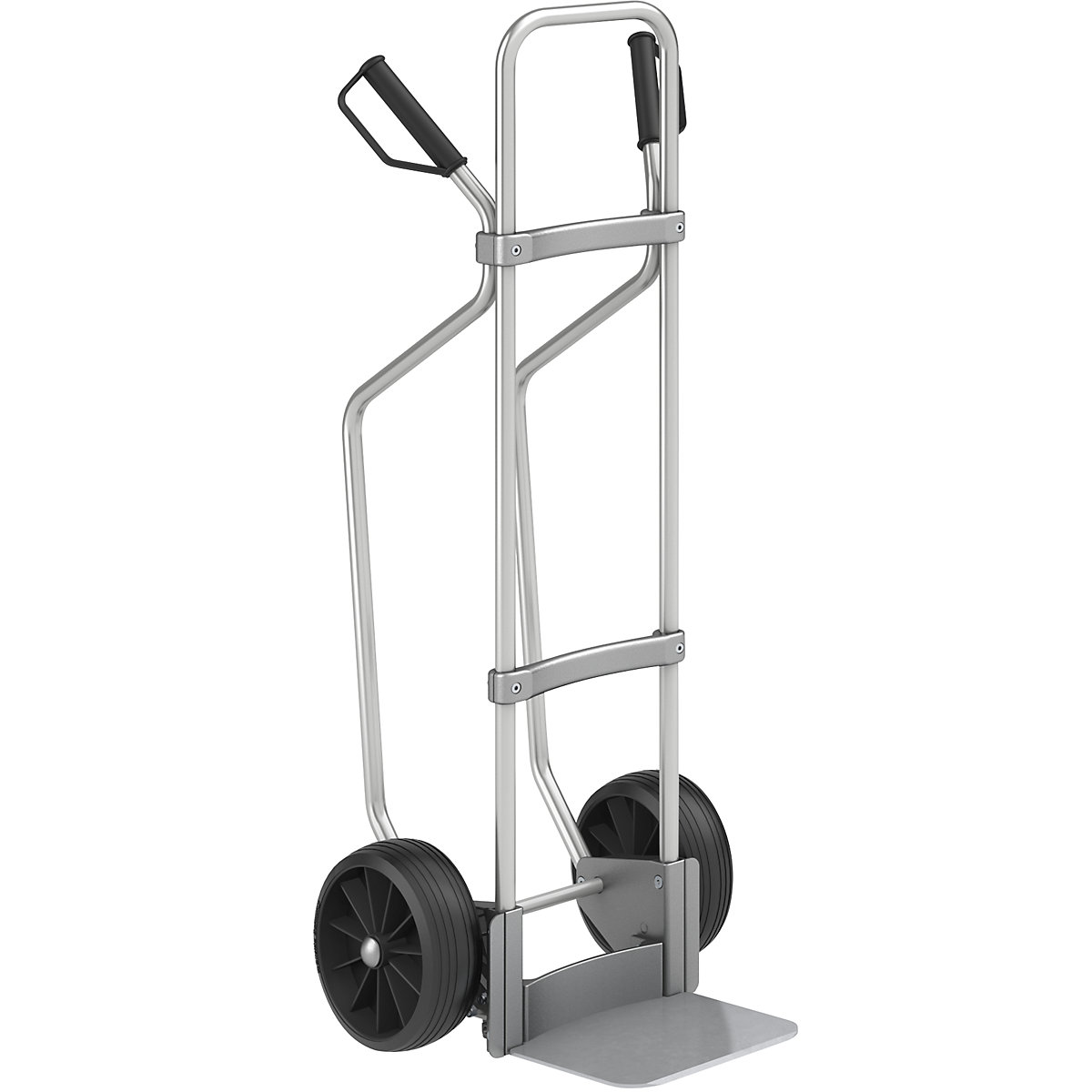 Aluminium sack truck with runners – eurokraft pro, footplate WxD 280 x 250 mm, zinc plated, solid rubber tyres-3