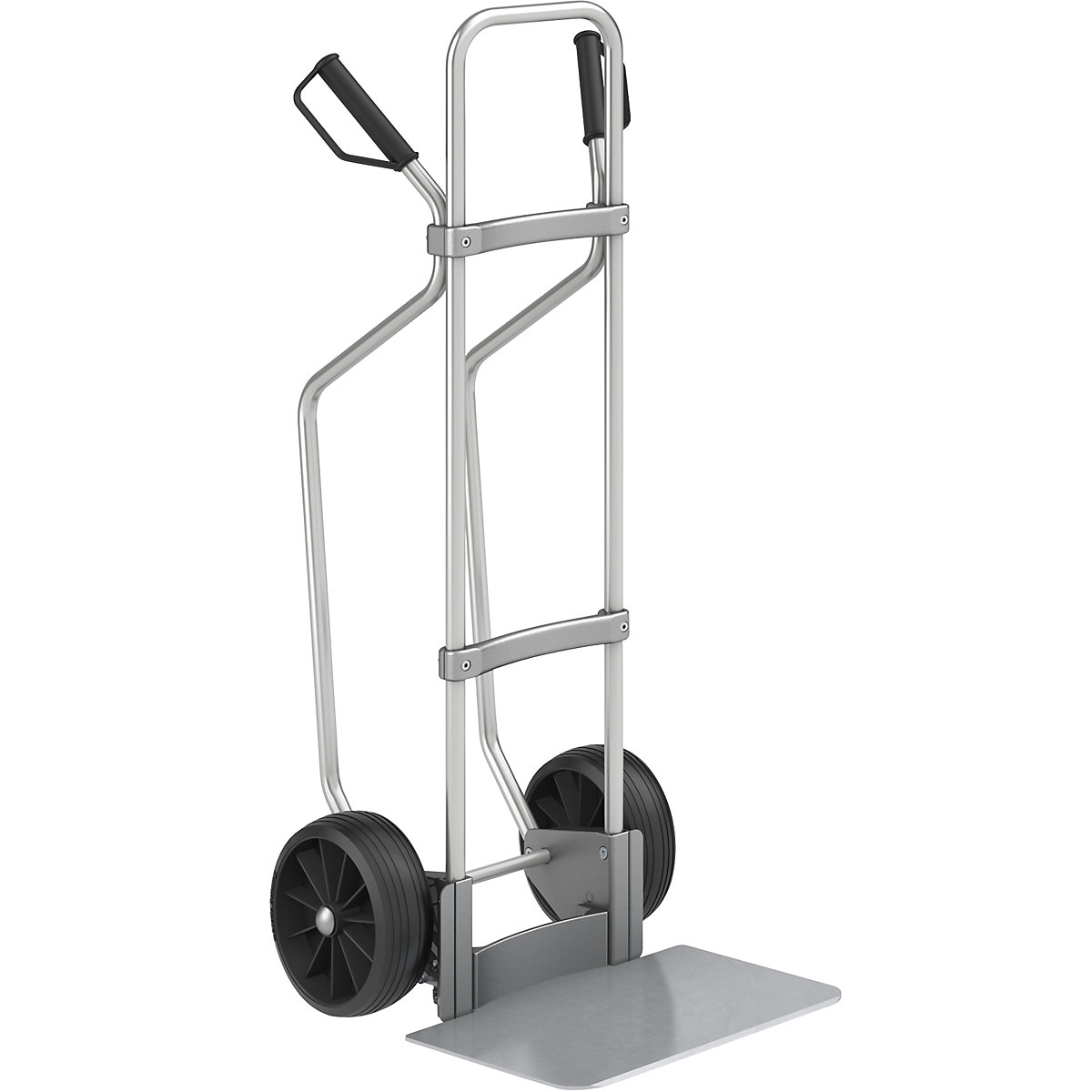 Aluminium sack truck with runners – eurokraft pro, footplate WxD 450 x 350 mm, zinc plated, solid rubber tyres, 2+ items-1