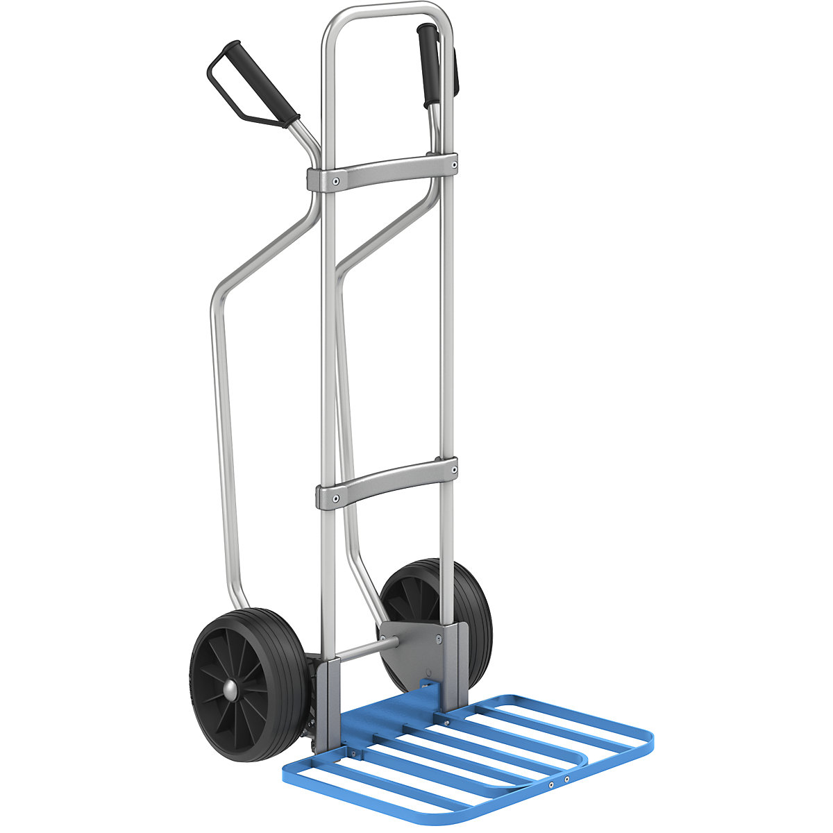 Aluminium sack truck with runners – eurokraft pro, parcel footplate WxD 430 x 450 mm, blue, solid rubber tyres, 5+ items-1