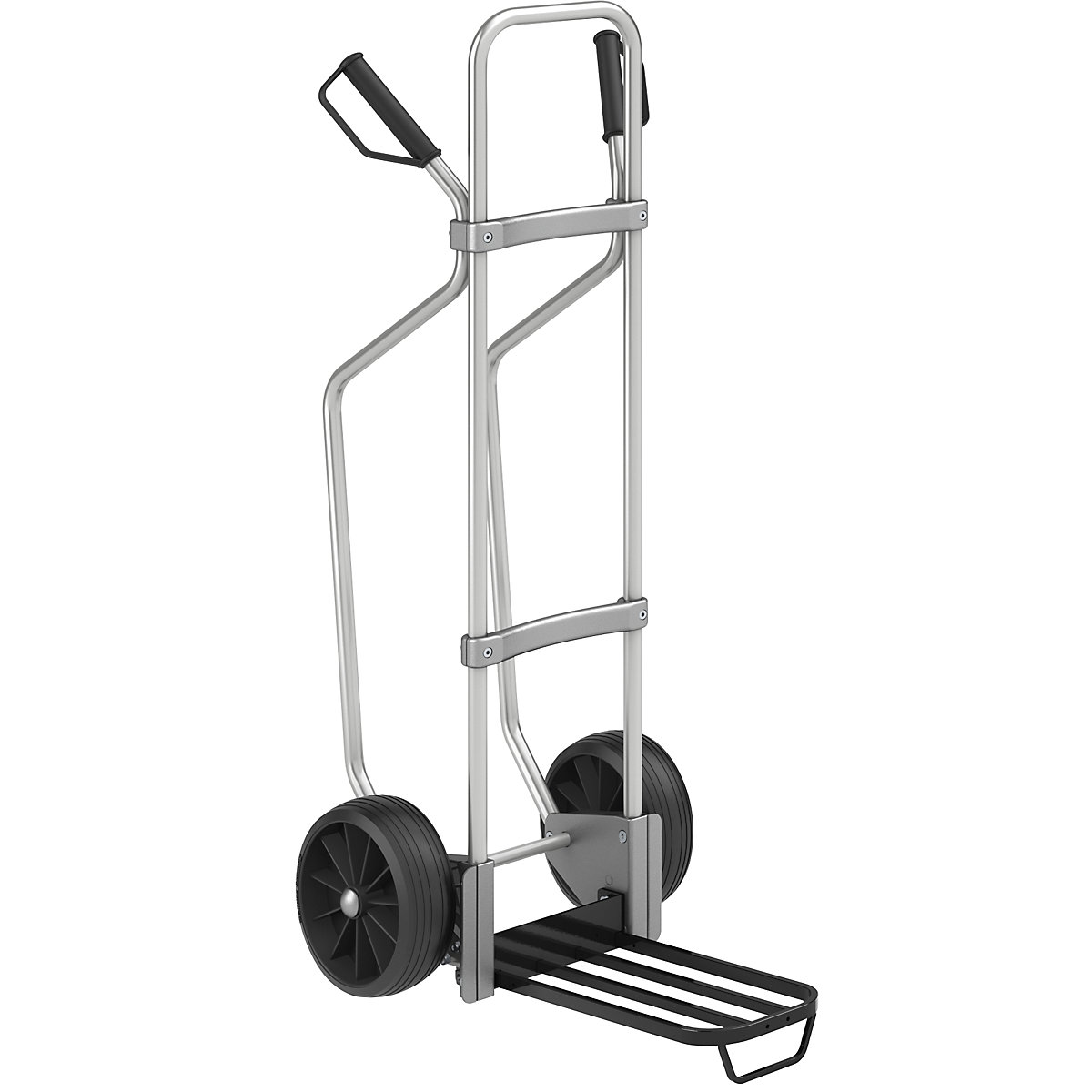 Aluminium sack truck with runners – eurokraft pro, parcel footplate WxD 430 x 250 mm, black, with handle, solid rubber tyres, 2+ items-2