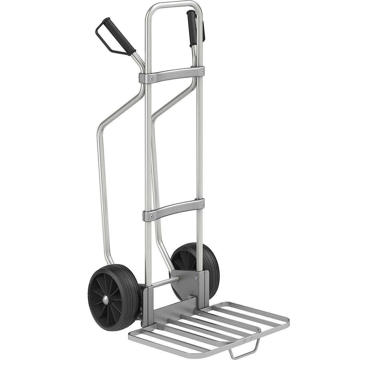 Aluminium sack truck with runners – eurokraft pro, parcel footplate WxD 430 x 450 mm, aluminium, with handle, solid rubber tyres, 2+ items-2