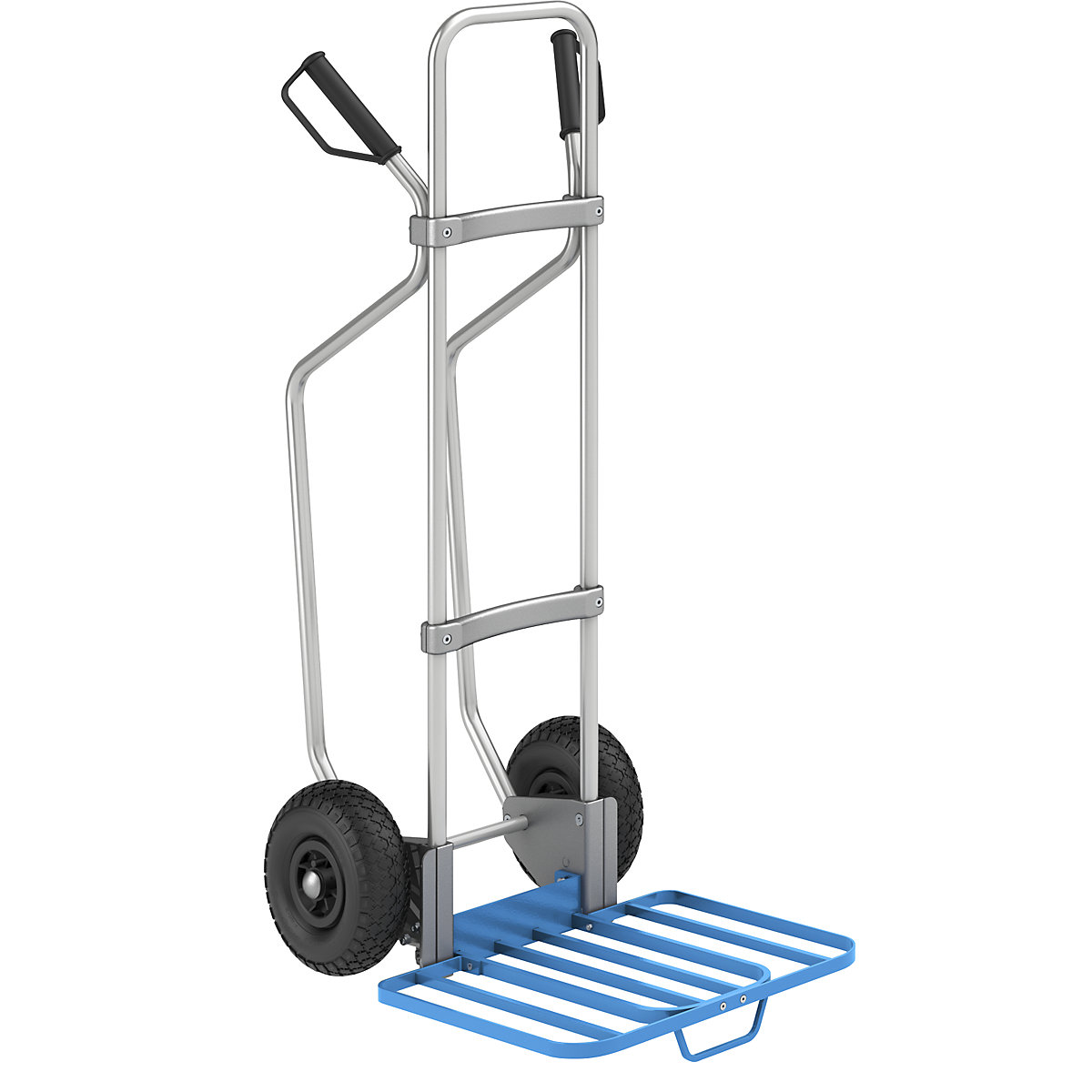 Aluminium sack truck with runners – eurokraft pro, parcel footplate WxD 430 x 450 mm, blue, with handle, pneumatic tyres, 2+ items-1