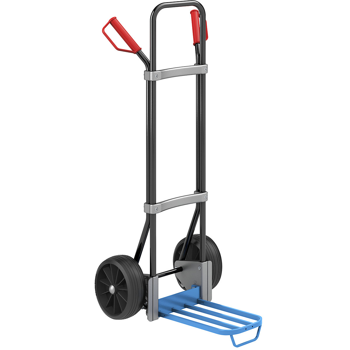 Sack truck, black – eurokraft pro, parcel footplate WxD 430 x 250 mm, blue, with handle, solid rubber tyres, 2+ items-2