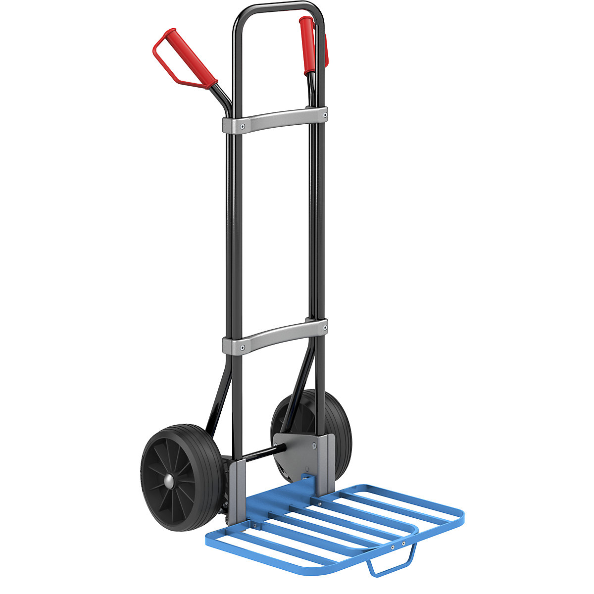 Sack truck, black – eurokraft pro, parcel footplate WxD 430 x 450 mm, blue, with handle, solid rubber tyres-3