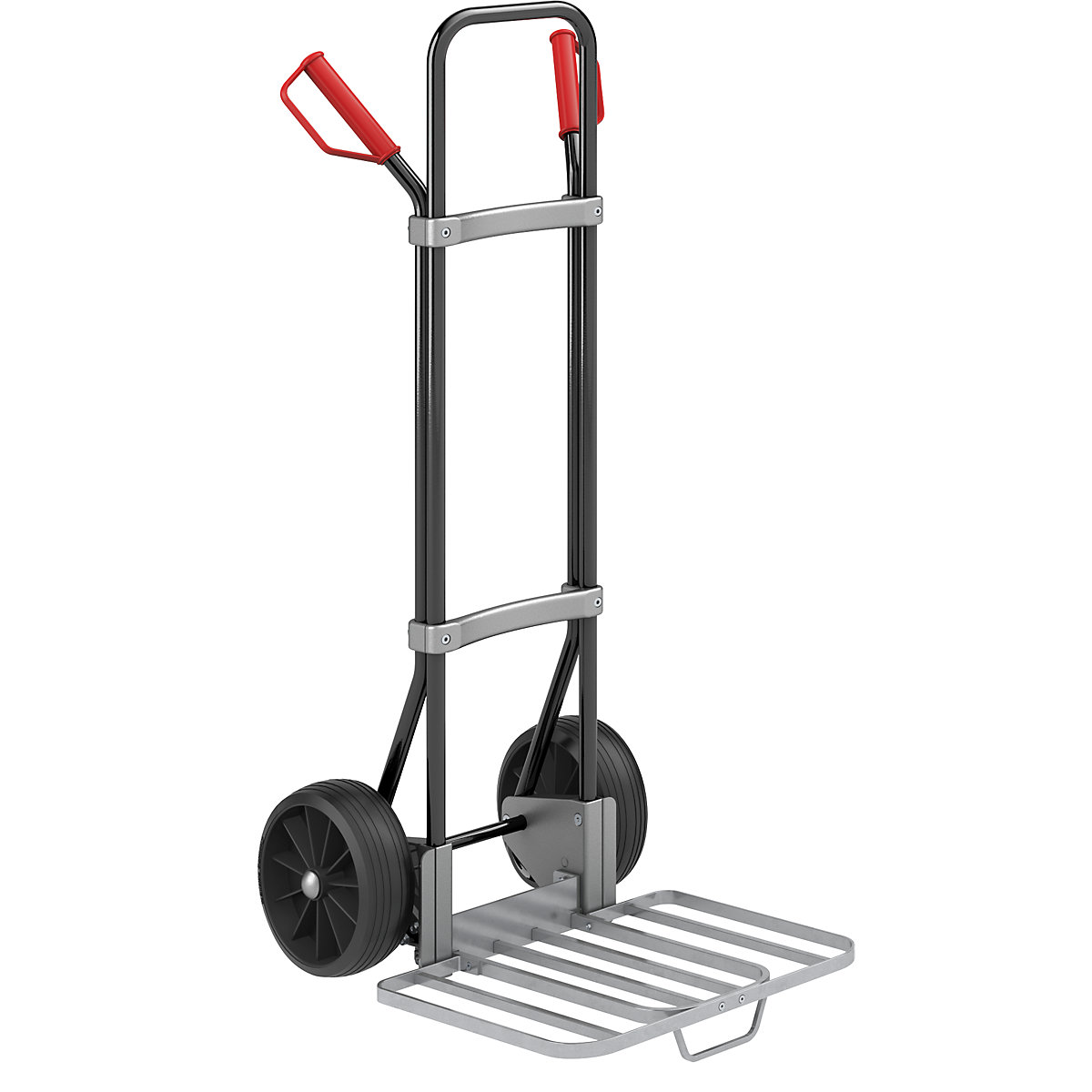 Sack truck, black – eurokraft pro, parcel footplate WxD 430 x 450 mm, zinc plated, with handle, solid rubber tyres, 2+ items-1