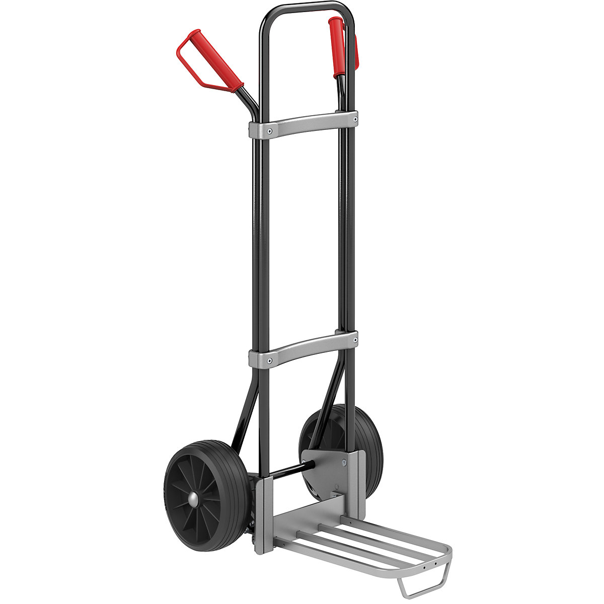 Sack truck, black – eurokraft pro, parcel footplate WxD 430 x 250 mm, aluminium, with handle, solid rubber tyres-3