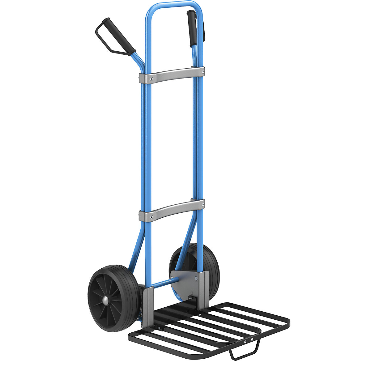 Sack truck, blue – eurokraft pro, parcel footplate WxD 430 x 450 mm, black, with handle, solid rubber tyres-1