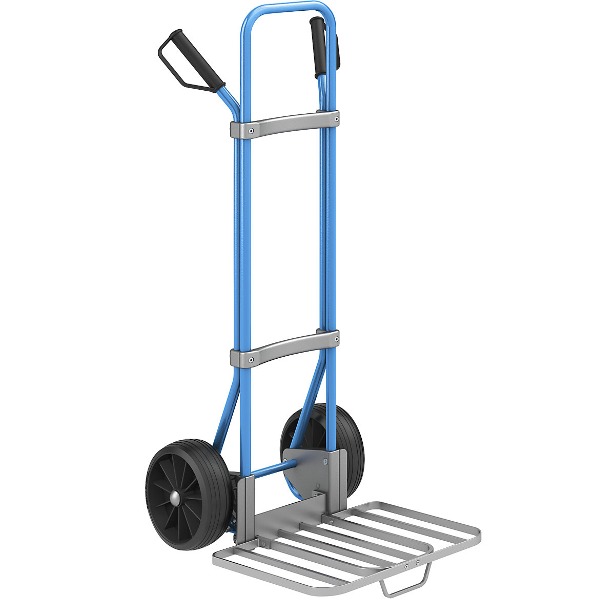 Sack truck, blue – eurokraft pro, parcel footplate WxD 430 x 450 mm, aluminium, with handle, solid rubber tyres-2