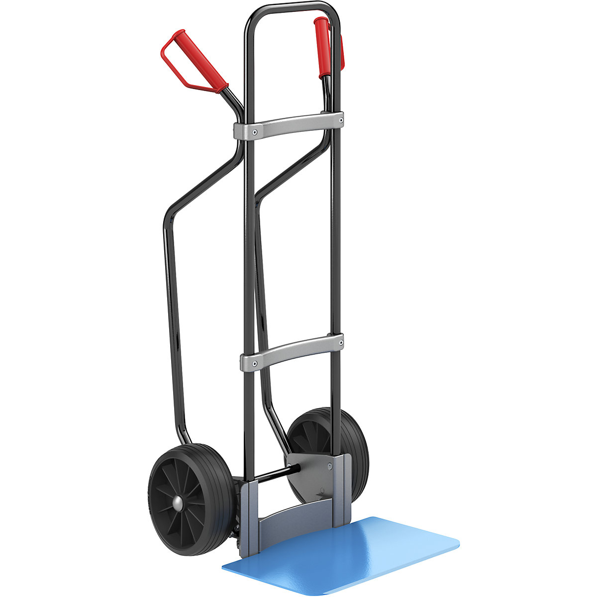 Sack truck with runners, black – eurokraft pro, footplate WxD 450 x 350 mm, blue, solid rubber tyres-2