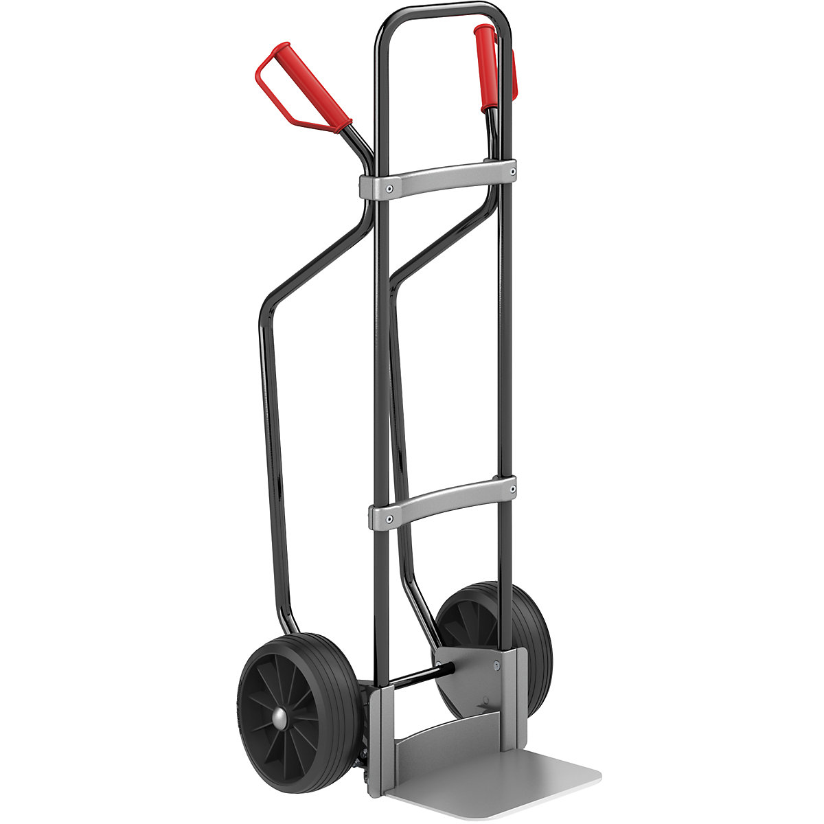 Sack truck with runners, black – eurokraft pro, footplate WxD 280 x 250 mm, aluminium, solid rubber tyres-1