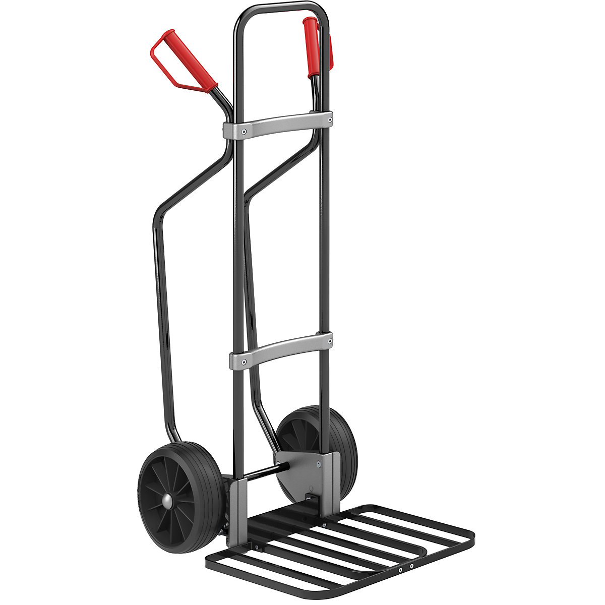 Sack truck with runners, black – eurokraft pro, parcel footplate WxD 430 x 450 mm, black, solid rubber tyres, 5+ items-1