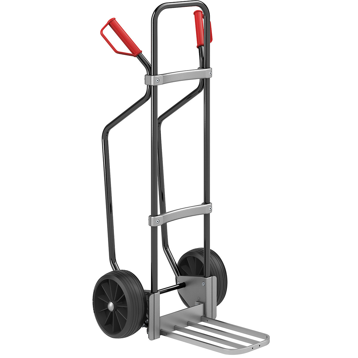 Sack truck with runners, black – eurokraft pro, parcel footplate WxD 430 x 250 mm, aluminium, solid rubber tyres-3