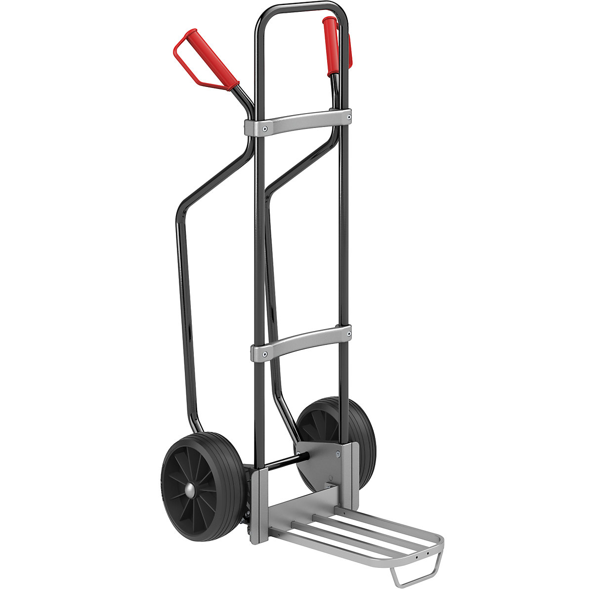 Sack truck with runners, black – eurokraft pro, parcel footplate WxD 430 x 250 mm, aluminium, with handle, solid rubber tyres, 5+ items-2
