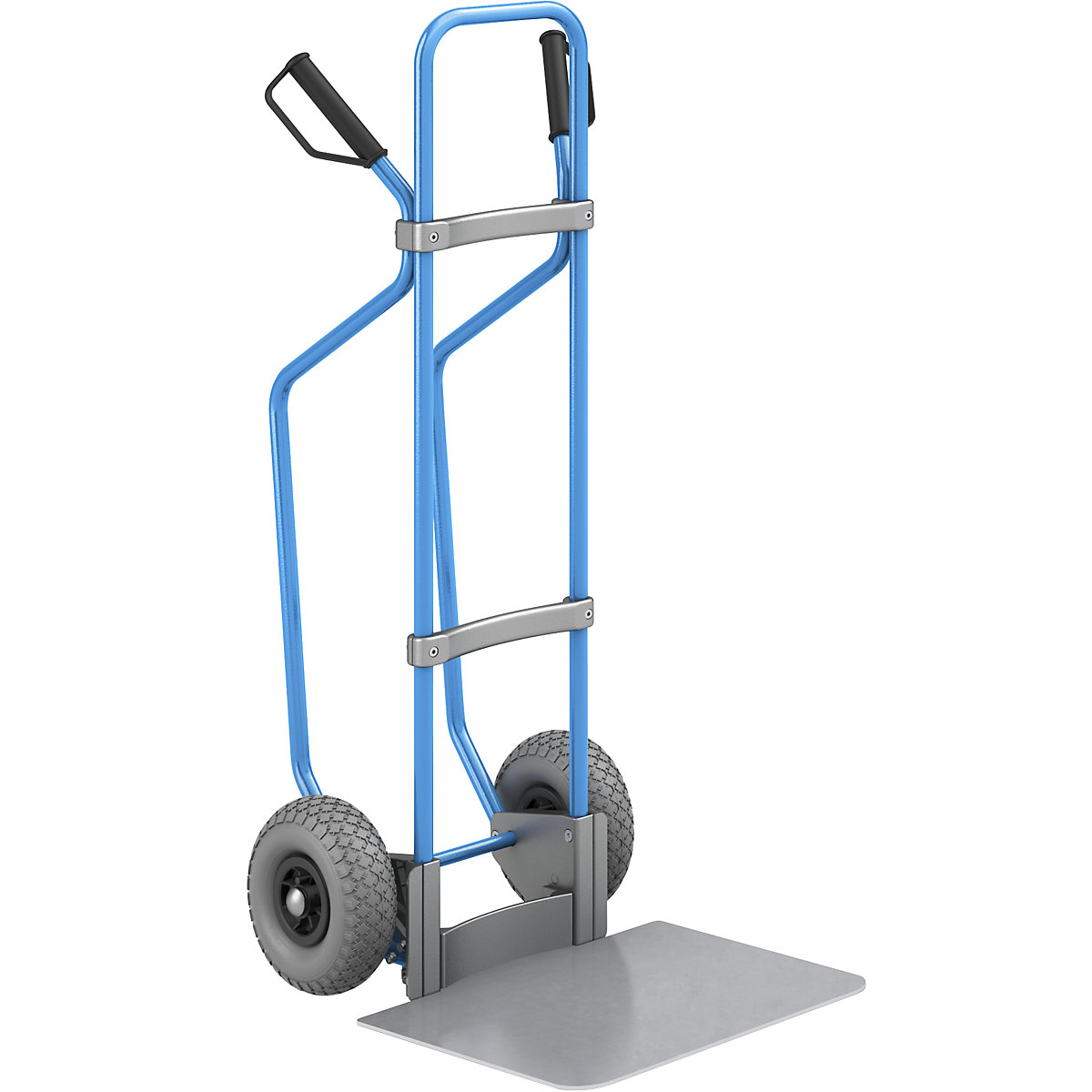 Sack truck with runners, blue – eurokraft pro, footplate WxD 450 x 500 mm, zinc plated, PU tyres-2