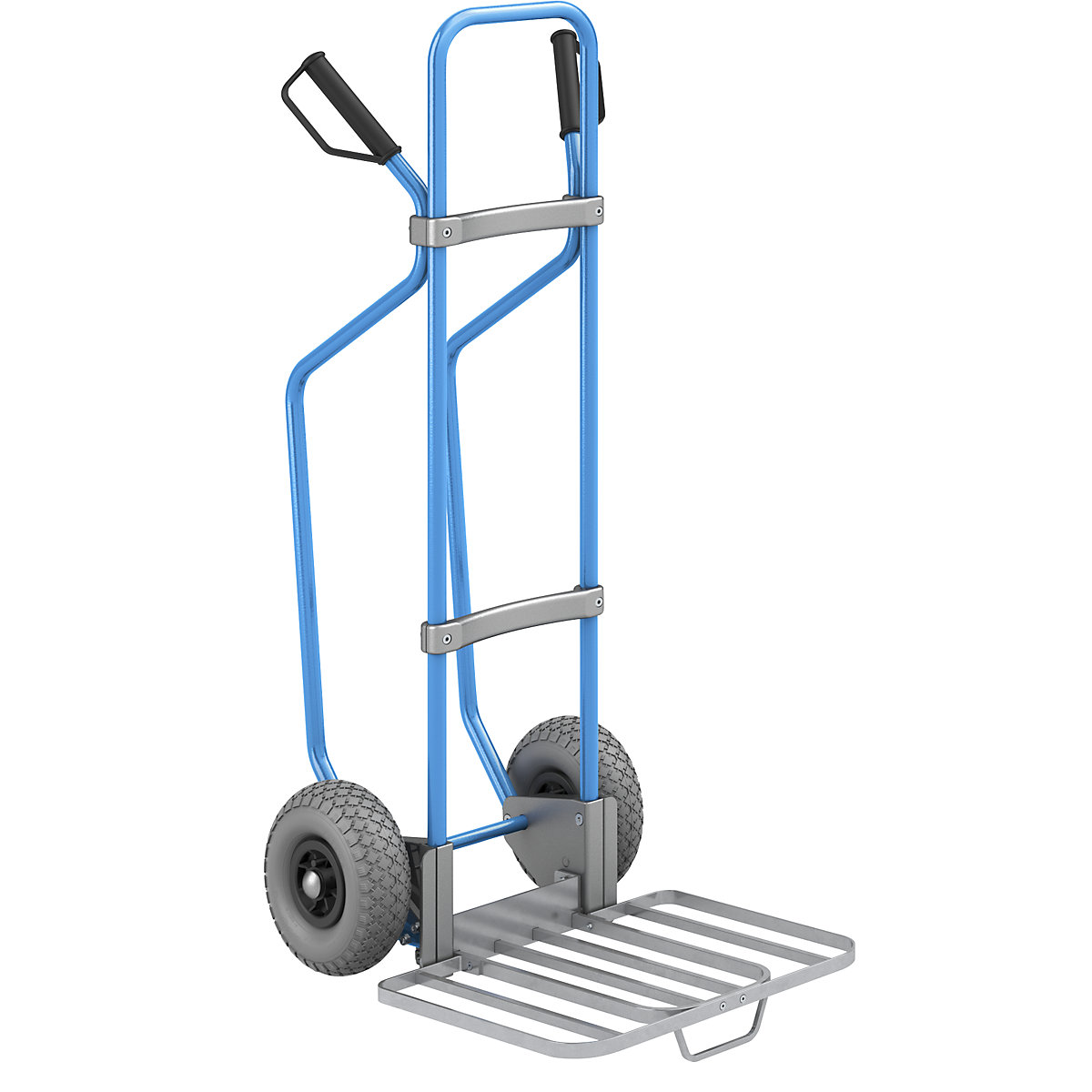 Sack truck with runners, blue – eurokraft pro, parcel footplate WxD 430 x 450 mm, zinc plated, with handle, PU tyres-1