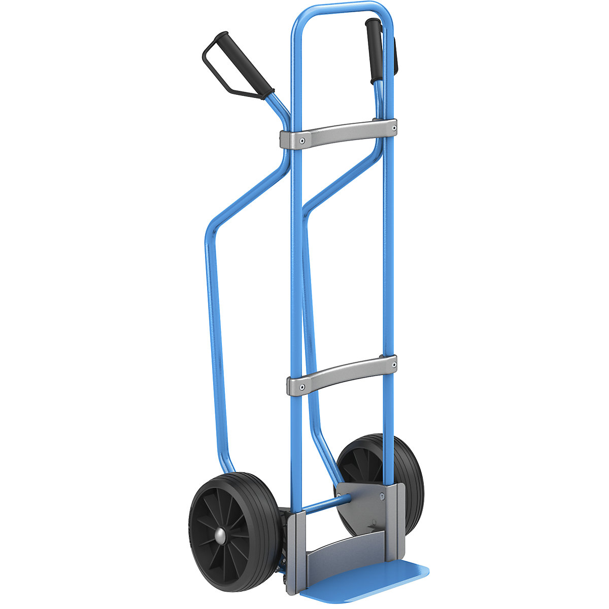 Sack truck with runners, blue – eurokraft pro, footplate WxD 280 x 140 mm, blue, solid rubber tyres-1