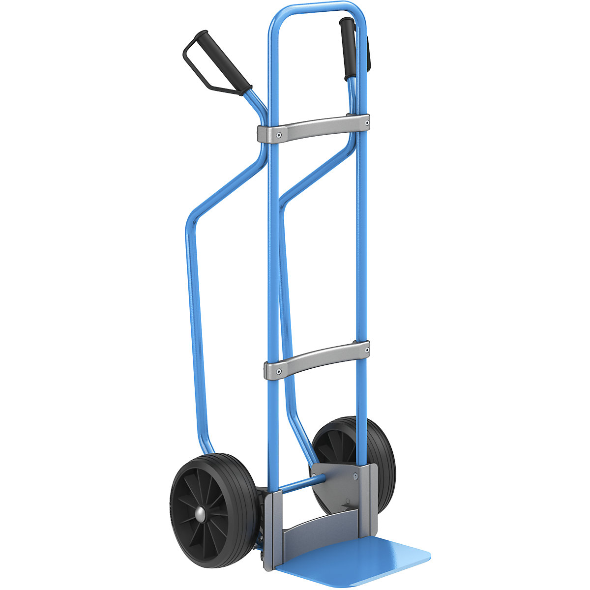 Sack truck with runners, blue – eurokraft pro, footplate WxD 280 x 250 mm, blue, solid rubber tyres, 2+ items-2