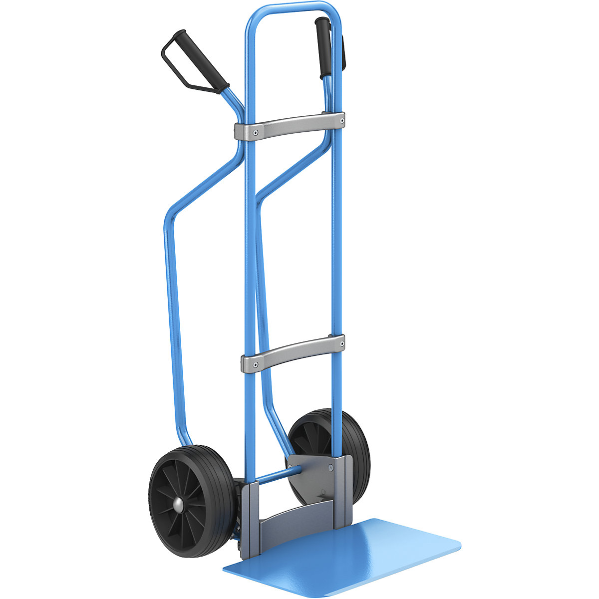 Sack truck with runners, blue – eurokraft pro, footplate WxD 450 x 350 mm, blue, solid rubber tyres, 5+ items-1