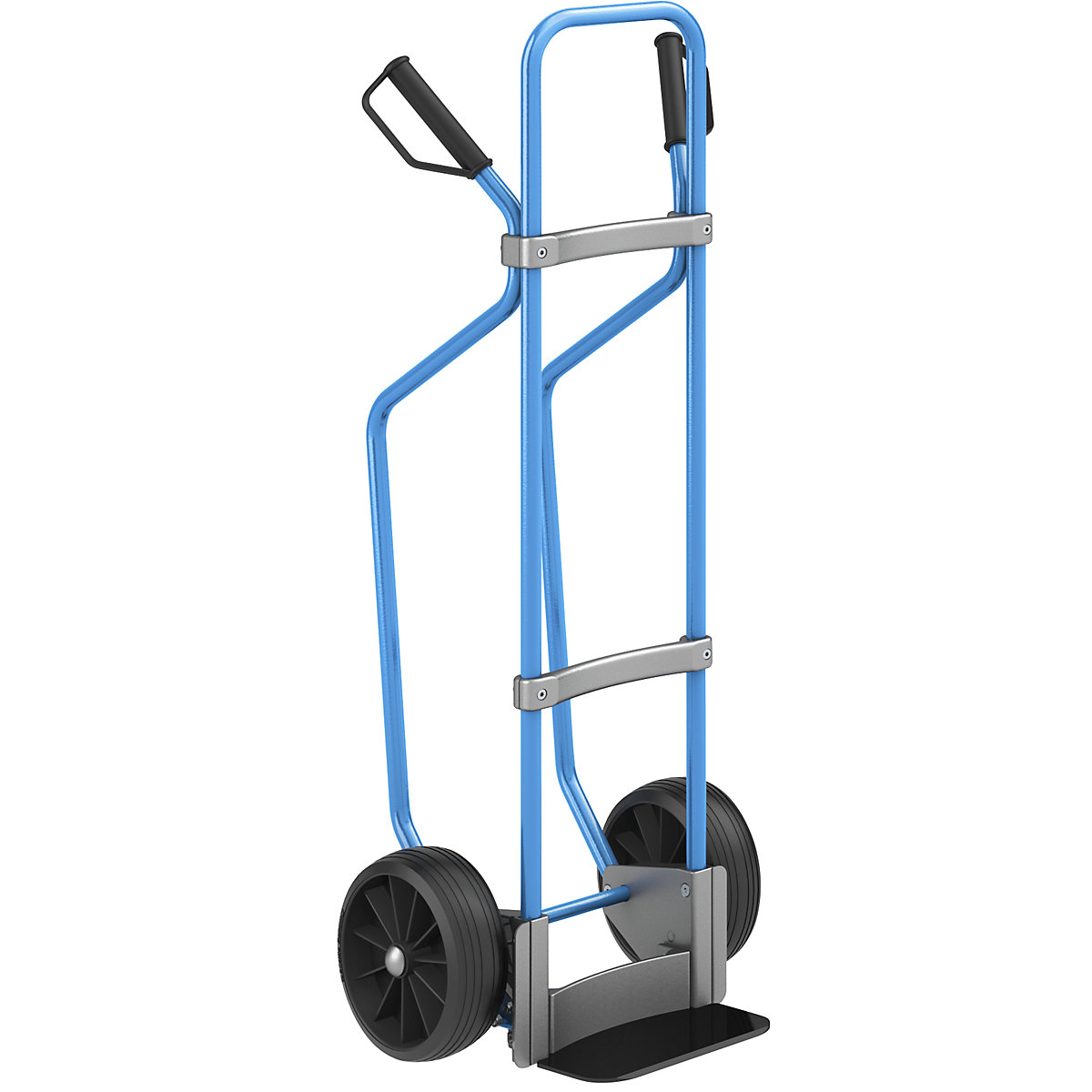 Sack truck with runners, blue – eurokraft pro, footplate WxD 280 x 140 mm, black, solid rubber tyres, 2+ items-1