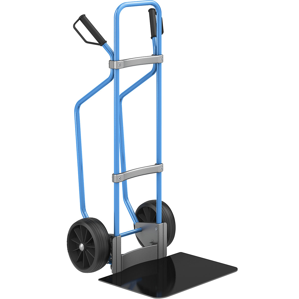 Sack truck with runners, blue – eurokraft pro, footplate WxD 450 x 500 mm, black, solid rubber tyres-3