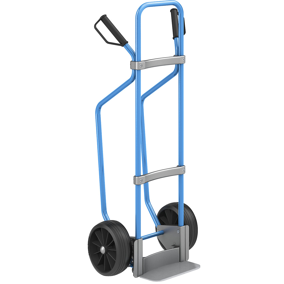 Sack truck with runners, blue – eurokraft pro, footplate WxD 280 x 140 mm, zinc plated, solid rubber tyres-1