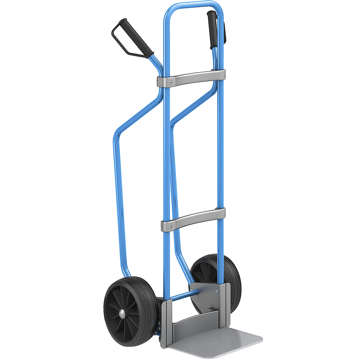 Sack truck with runners, blue – eurokraft pro, footplate WxD 280 x 250 mm, zinc plated, solid rubber tyres, 2+ items-1